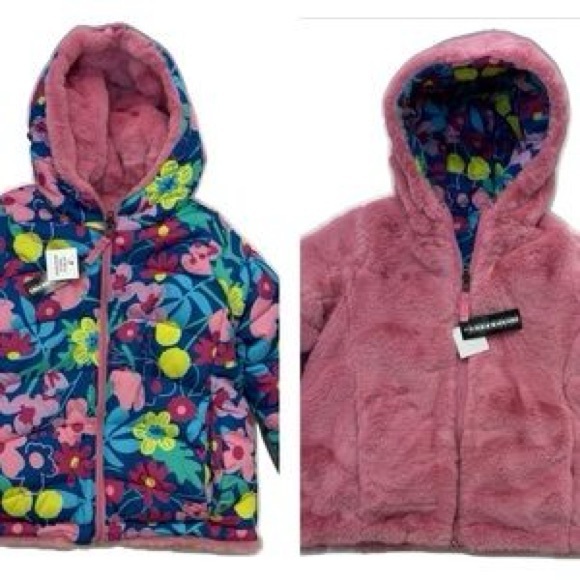 Falls Creek Girls 2T Toddler Reversible Puffer Jacket Coat Faux Fur Flowers Hood - Picture 2 of 9